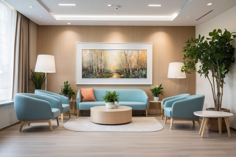 wnętrze nowoczesnej poczekalni w klinice stomatologicznej, które jest przestronne, uporządkowane i pełne ciepła, łącząc funkcjonalność z przytulną atmosferą.