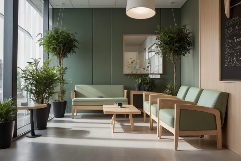 wnętrze nowoczesnej poczekalni w klinice dentystycznej, która skupia się na stworzeniu przestrzeni sprzyjającej relaksacji i poczuciu bezpieczeństwa.