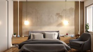 projekt wnętrza sypialni stworzony przez biuro Abrys