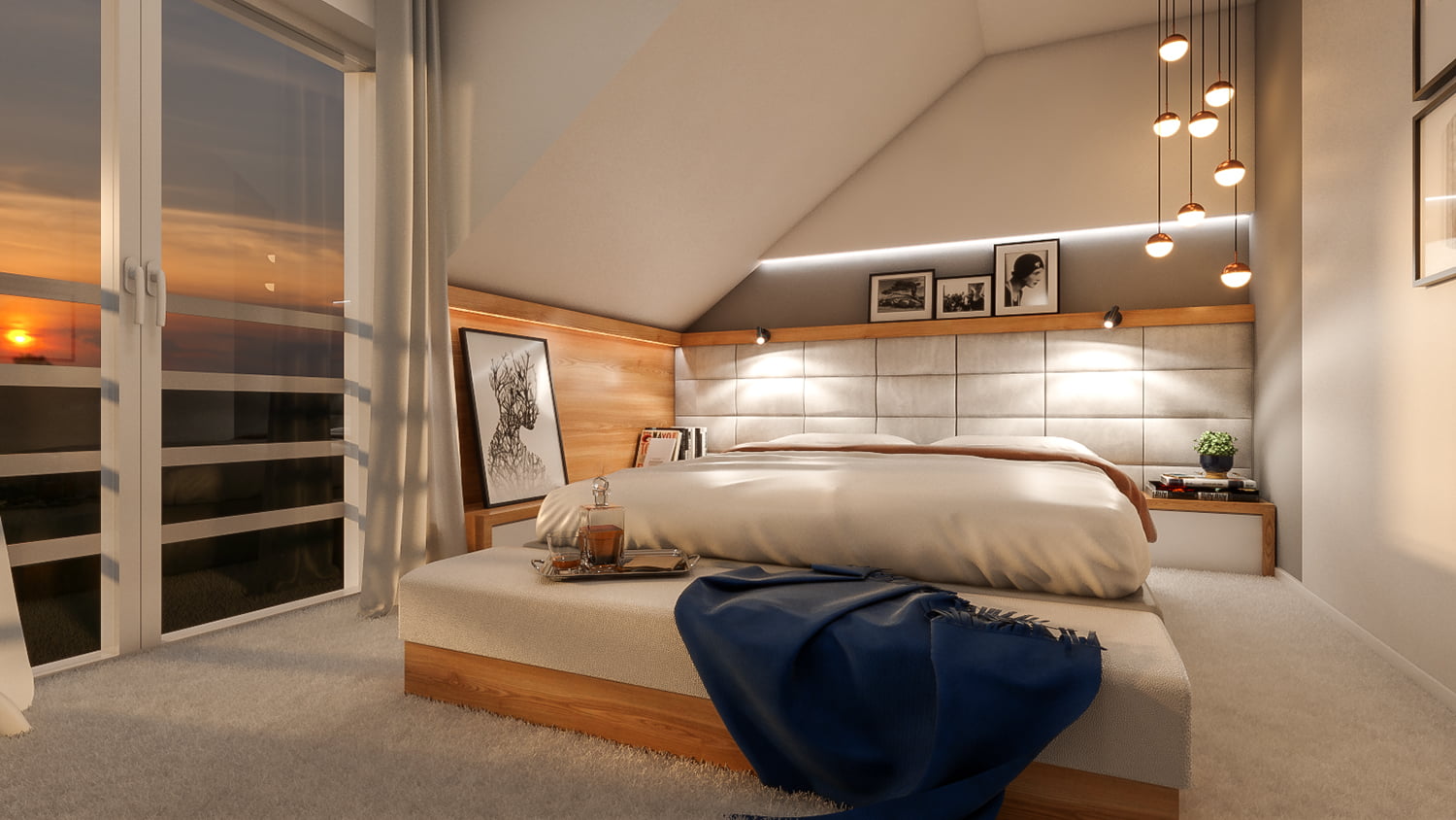 Sypialnia z miękkim, ciepłym oświetleniem wieczornym