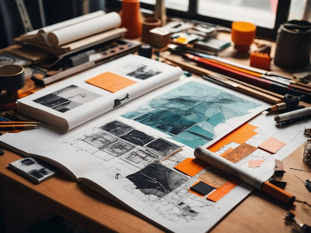 Darmowy projekt wnętrza: Projektant wnętrz pracujący z klientem nad planem aranżacji mieszkania, próbki materiałów i wizualizacje 3D.