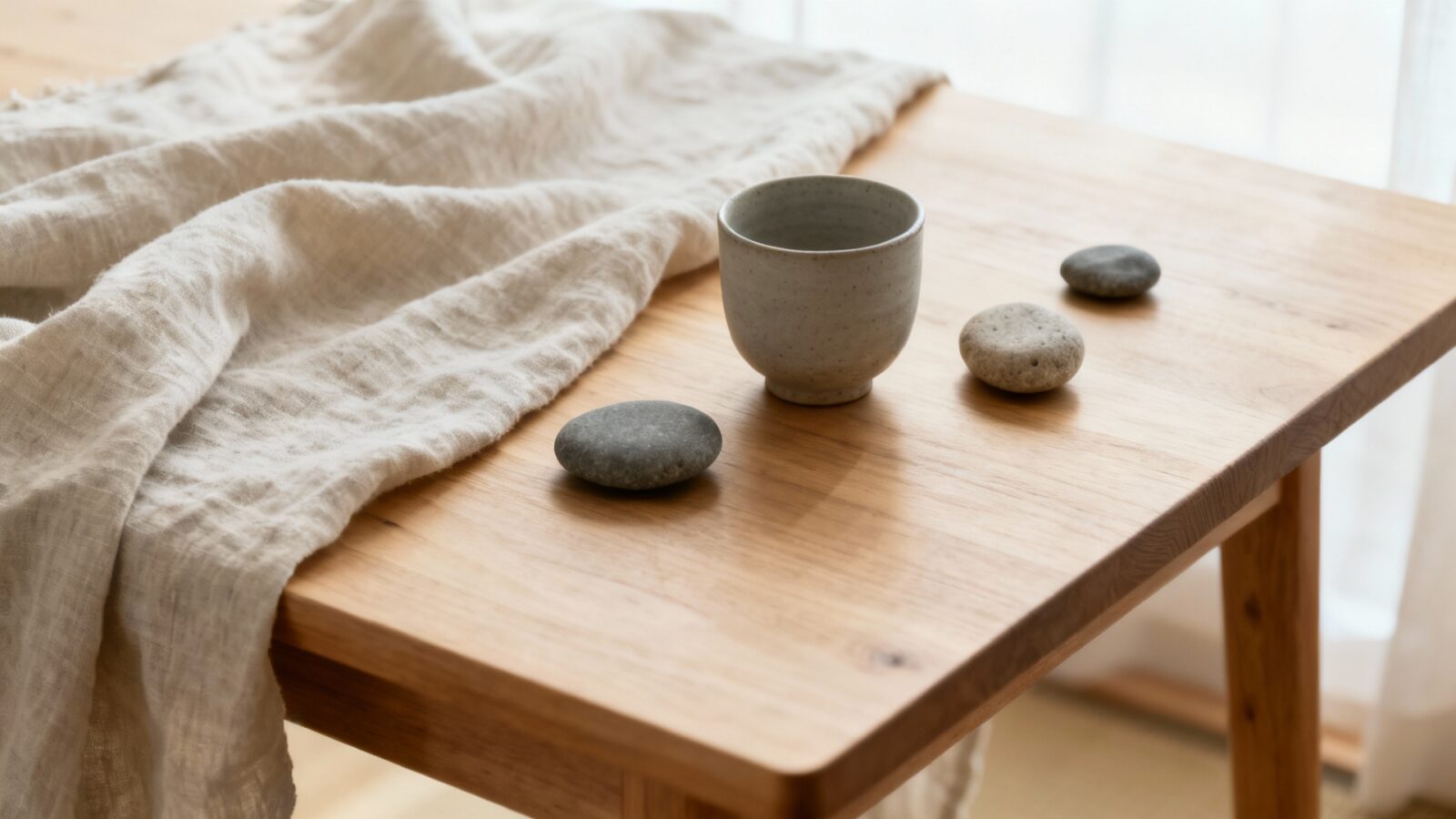 Naturalne materiały w stylu japandi &mdash; drewno, len i ceramika