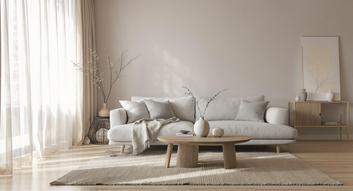 Mały salon w stylu japandi z jasnym drewnem, niską sofą i prostym stolikiem