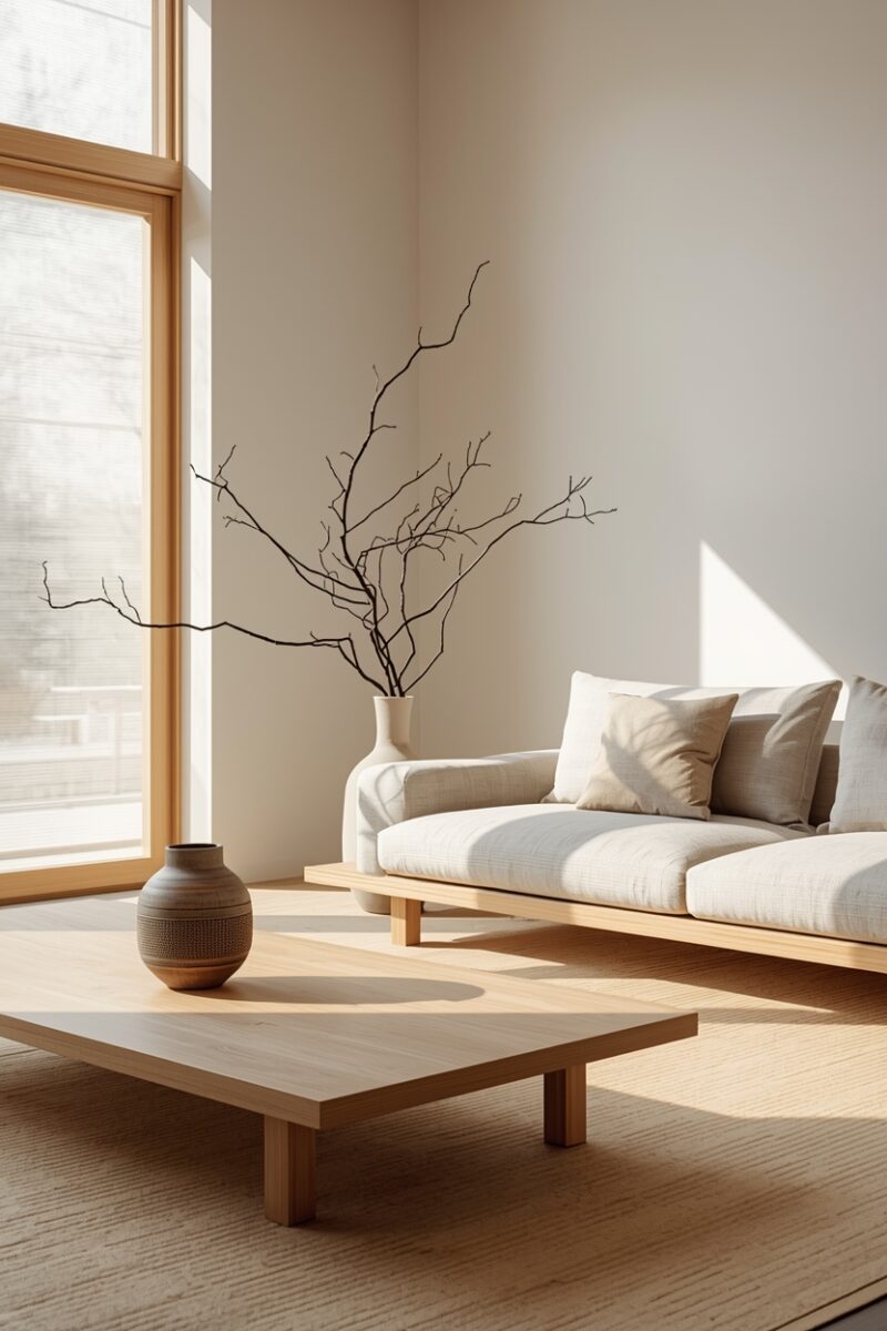 Salon w stylu japandi &ndash; jasne drewno, miękkie tekstylia, kilka prostych dekoracji