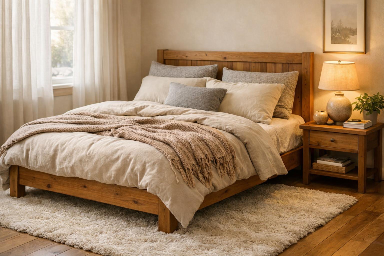 Sypialnia z drewnem i miękkimi tekstyliami