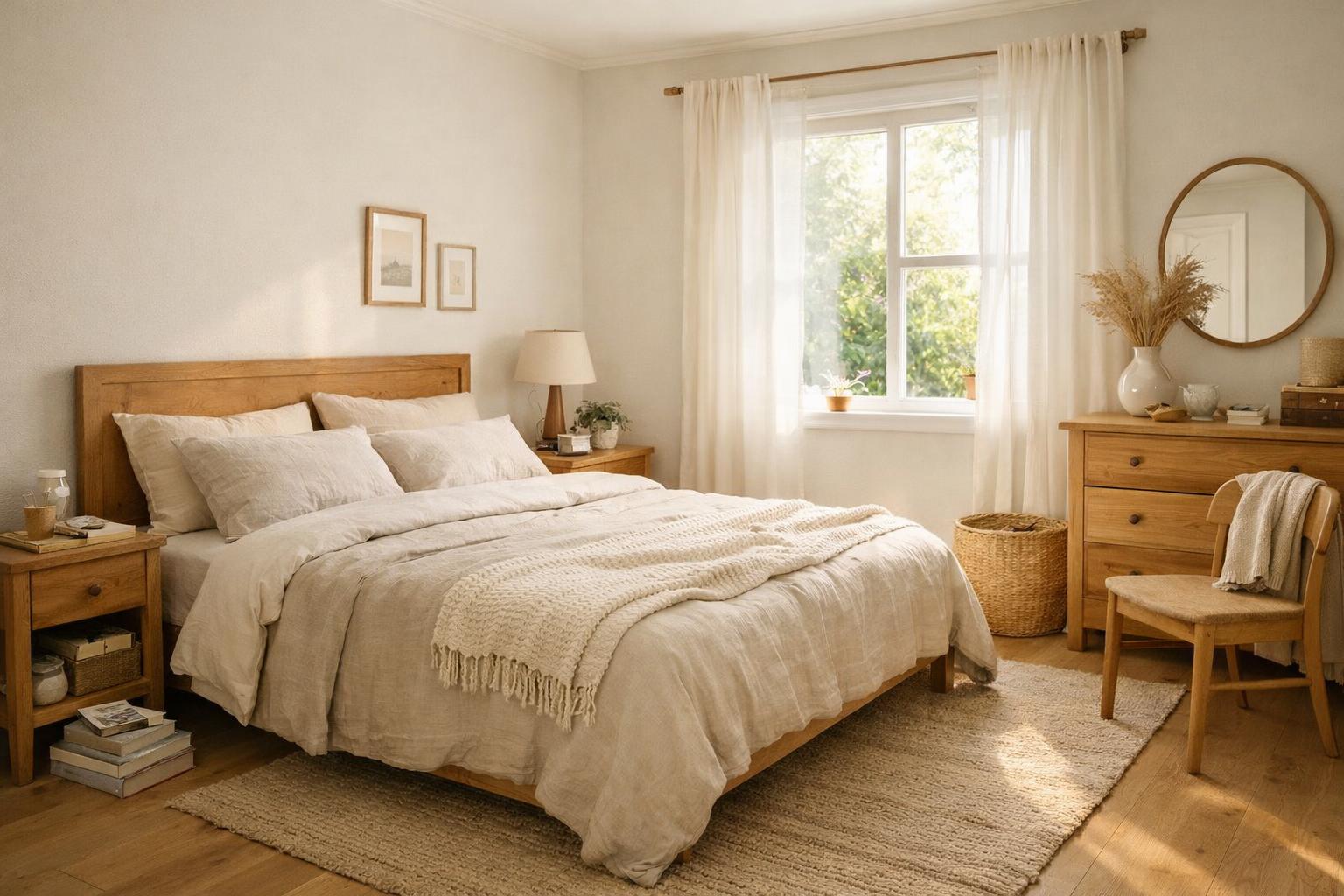 Jasna sypialnia z naturalnymi materiałami