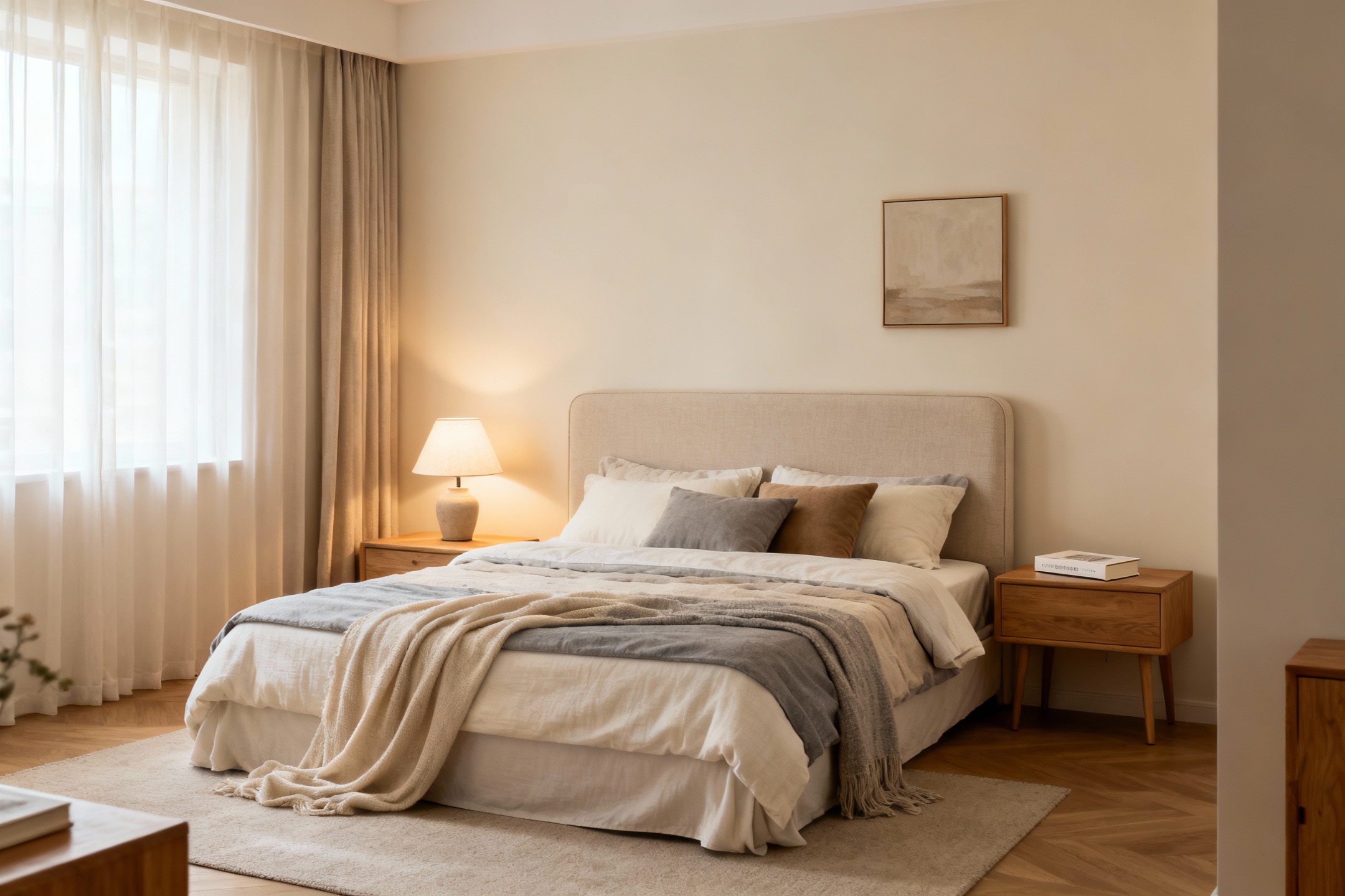 Ł&oacute;żko jako centralny punkt aranżacji sypialni z harmonijnym układem przestrzeni