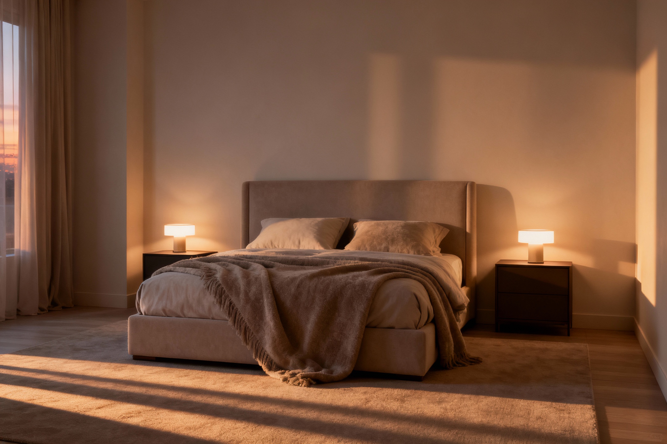 Sypialnia z ciepłym oświetleniem wieczornym