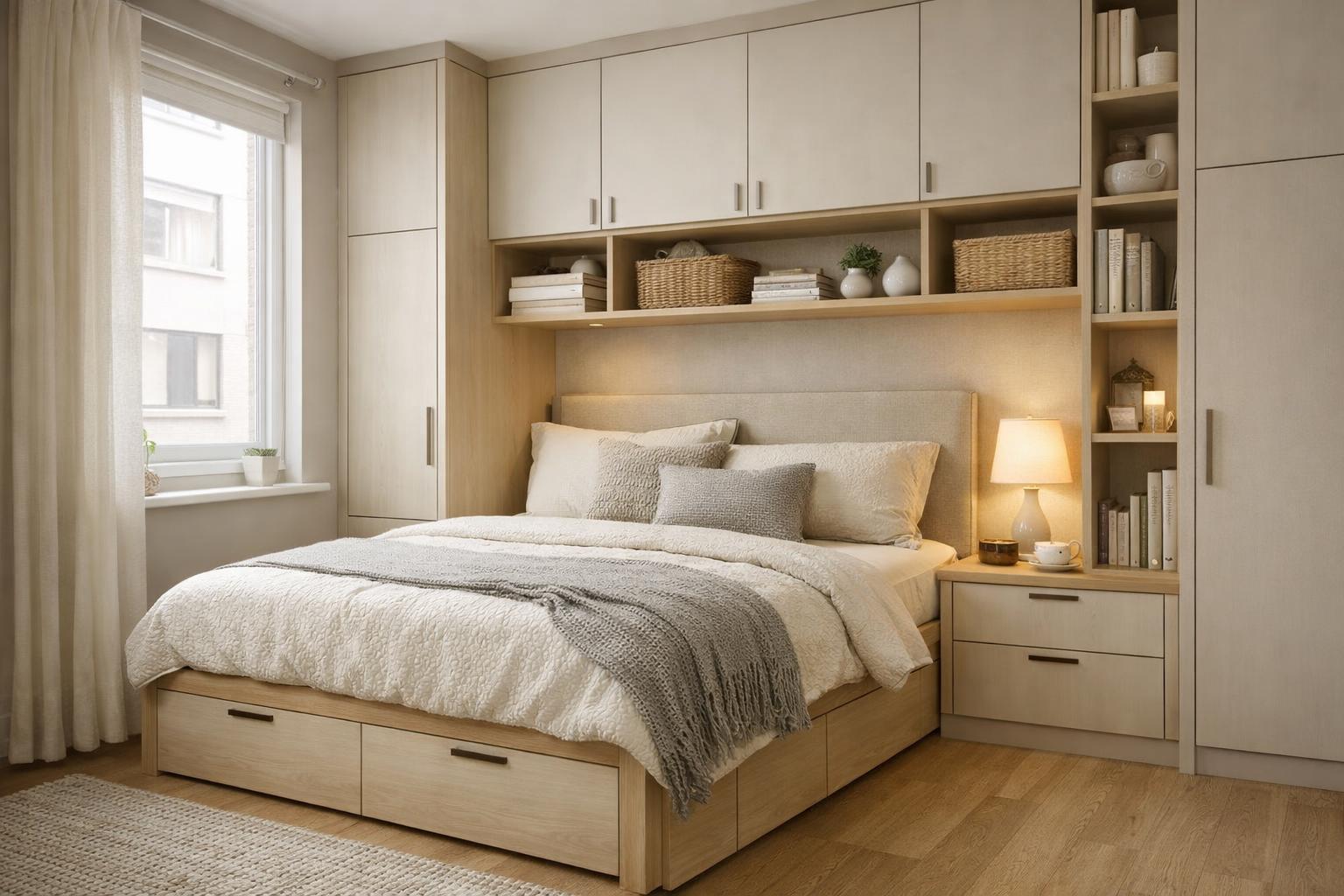 Sypialnia z ł&oacute;żkiem i zabudową zapewniającą dodatkowe przechowywanie