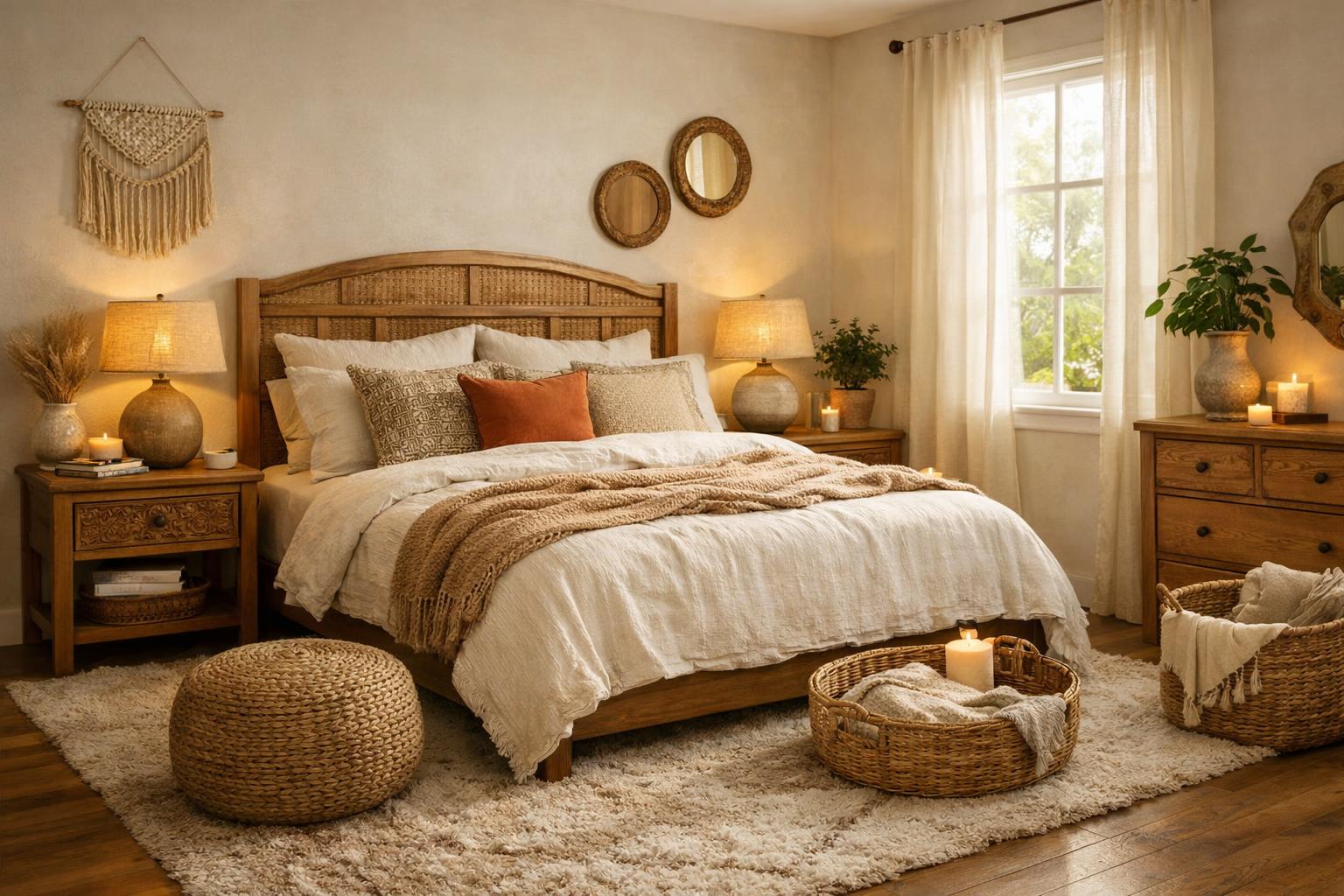 Sypialnia w stylu boho &ndash; naturalne tkaniny i miękkie dodatki