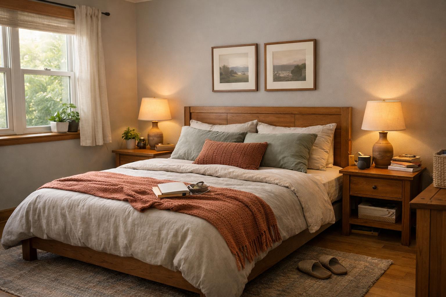 Sypialnia z drewnem i ciepłymi szarościami