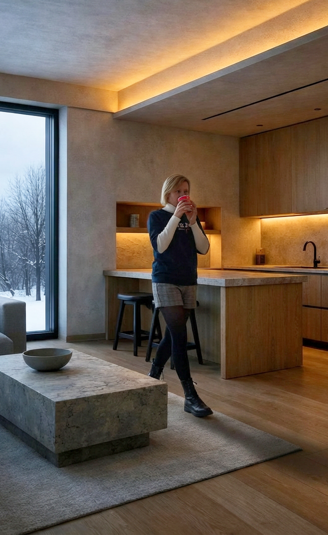 Nowoczesne wnętrze salonu zaprojektowane przez pracownię Abrys