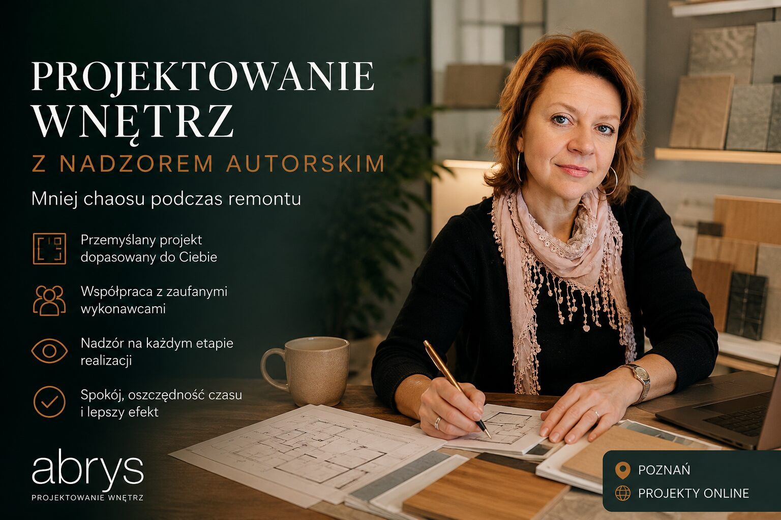Architekt wnętrz Agnieszka Wojciechowska z planami wnętrz, filiżanką i laptopem, promująca projektowanie wnętrz z nadzorem autorskim.