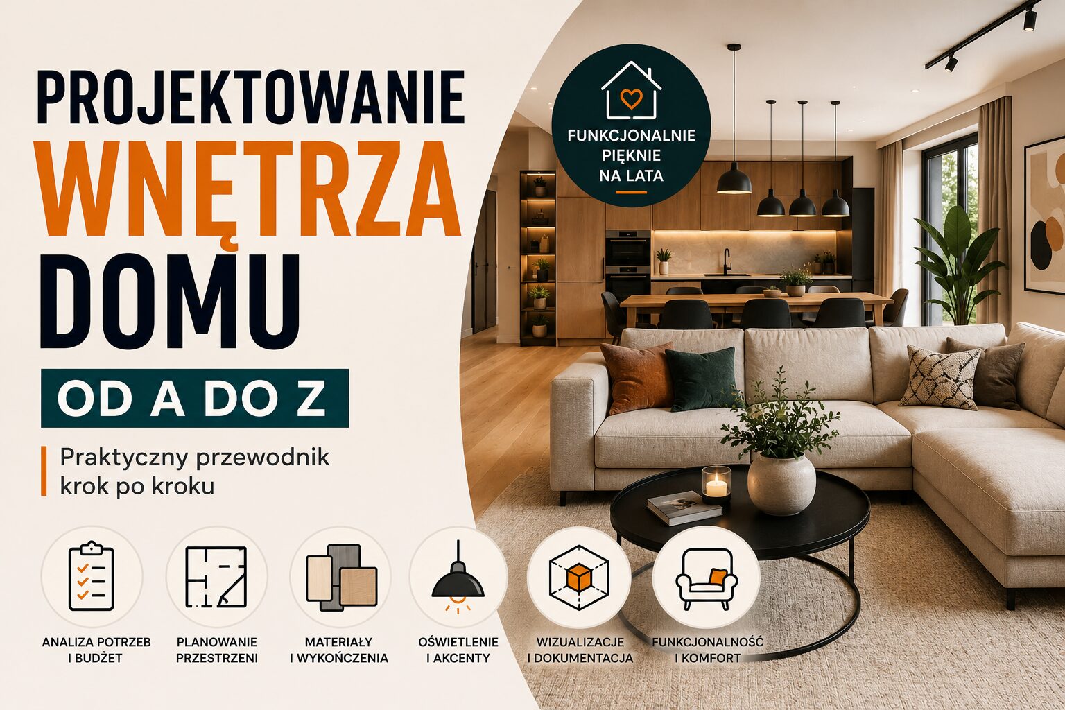 Nowoczesny salon z beżową sofą, czarnym stolikiem, roślinami i otwartą kuchnią, idealny do planowania wnętrz domu.