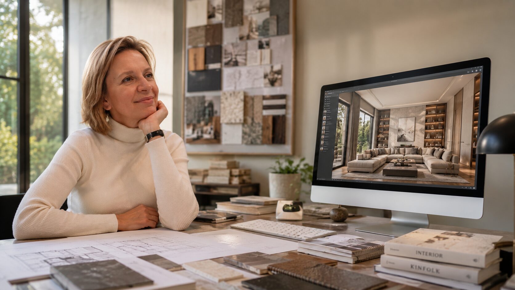 Projektantka wnętrz siedzi przy biurku z próbkami materiałów, patrząc na komputer z wizualizacją salonu, co ilustruje personalizację wnętrz z AI.