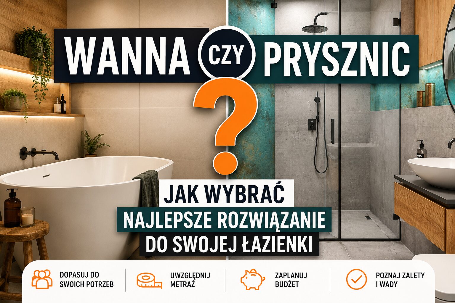 Łazienka z wolnostojącą wanną, drewnianymi półkami i roślinami po lewej oraz nowoczesnym prysznicem z szklanymi drzwiami po prawej; napis "Wanna czy prysznic".