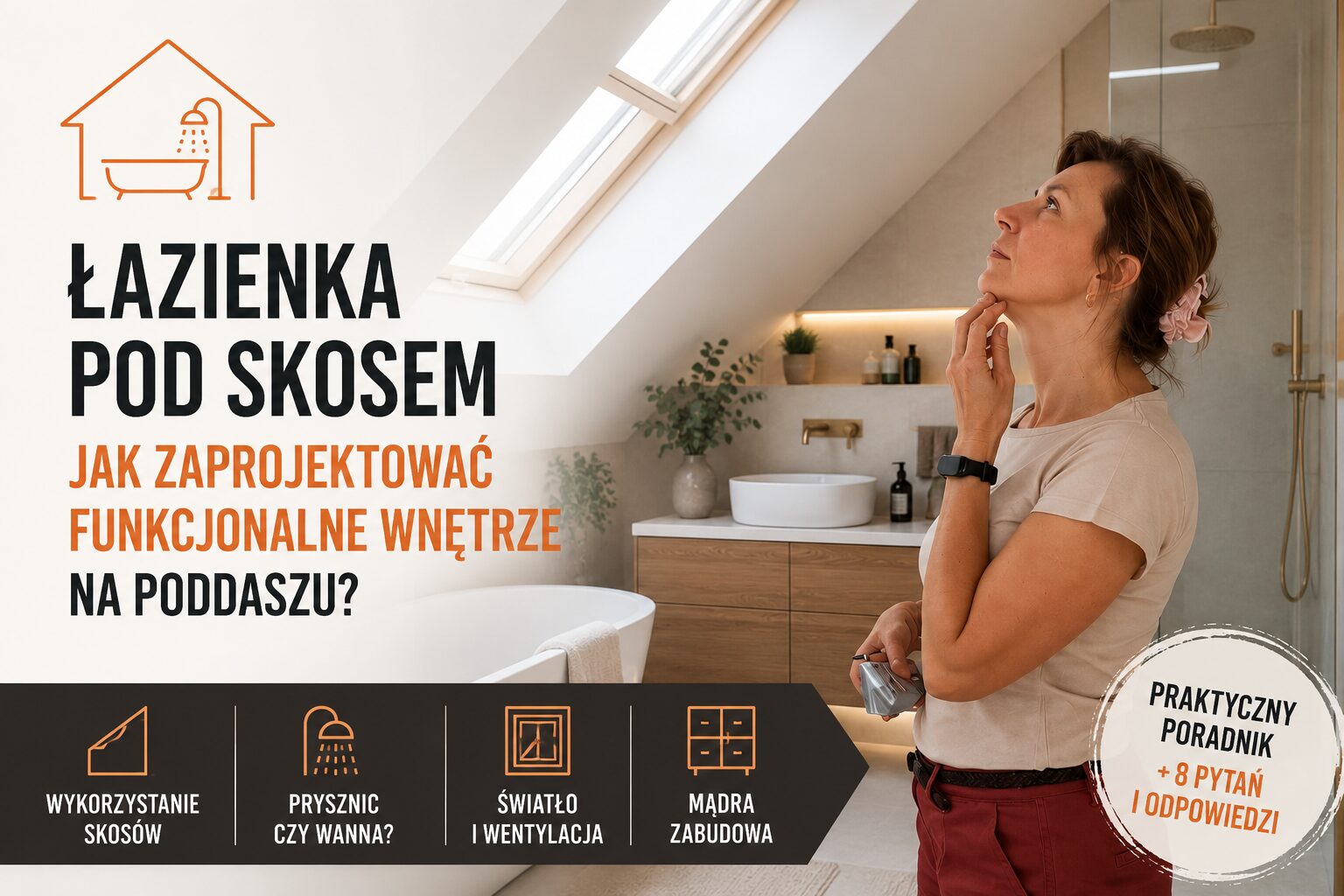 Kobieta stoi w łazience pod skosem, myśląc; w tle umywalka, lustro i rośliny, a przez okno dachowe wpada światło.